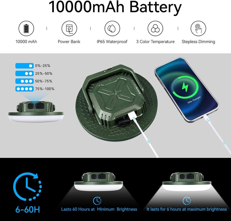vavofo 2Pcs 10,000mAh 4000LM LED Camping Lantern Rechargeable, 3 Lighting Modes, Portable Tent Light with Magnet, IP65 Waterproof Hanging Light for Emergencies, Power Outages ,Hurricane（2Pcs） - Image 2